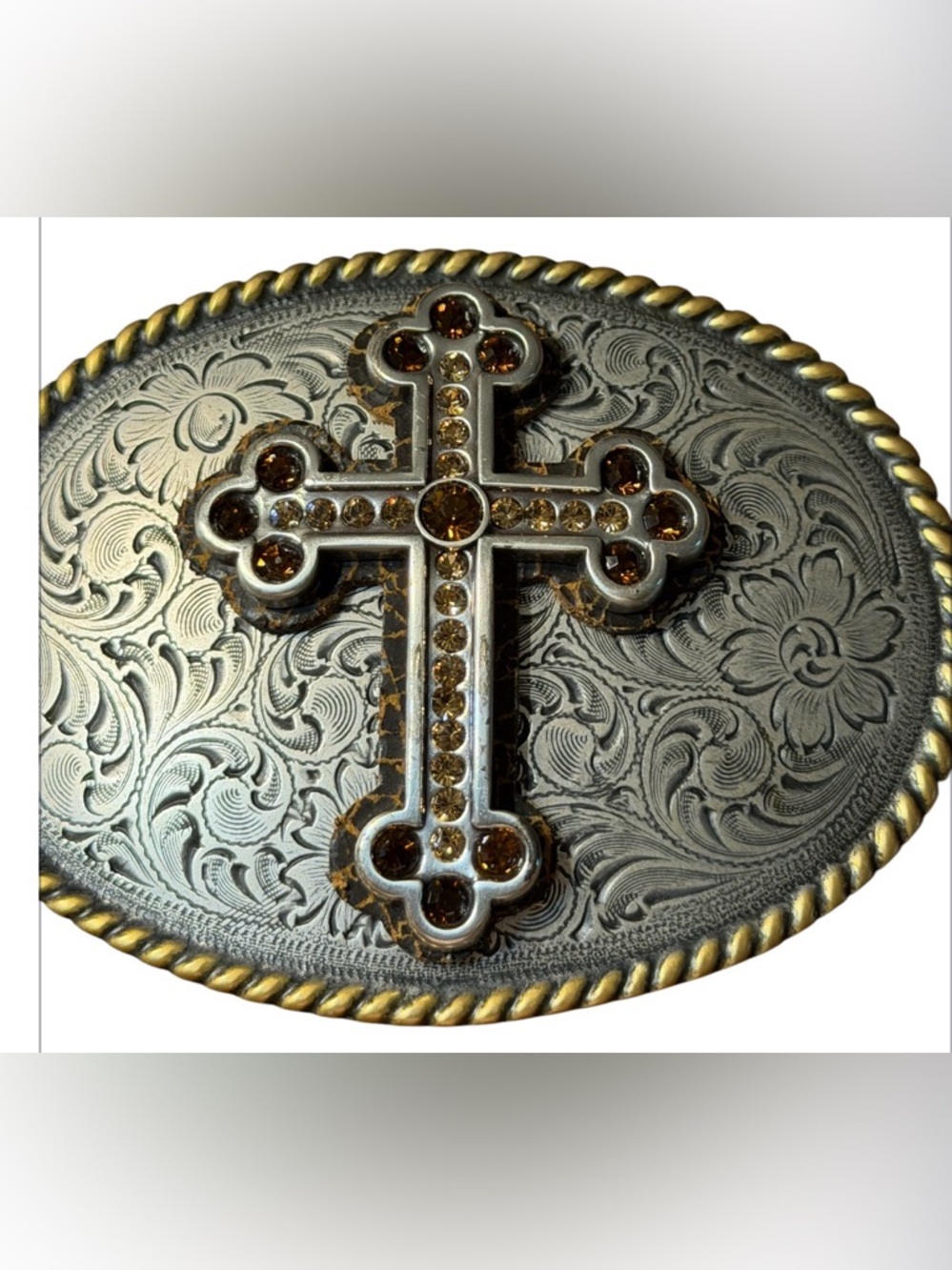 Nonoca Silver-Tone Cross belt buckle with Amber Stones. Vintage. western.
